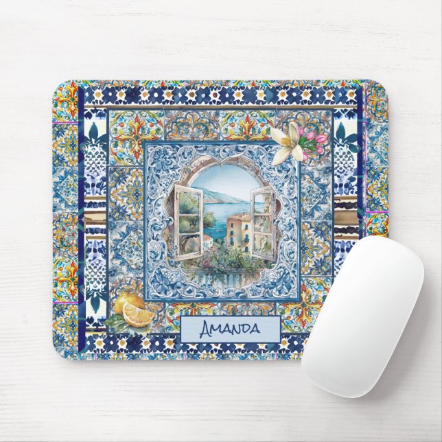 Alfombrilla De Ratón verano azulejos azules florales italianos cítricos (Con ratón)