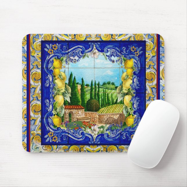 Alfombrilla De Ratón verano italiano Majolica azulejos azul cítricos (Con ratón)