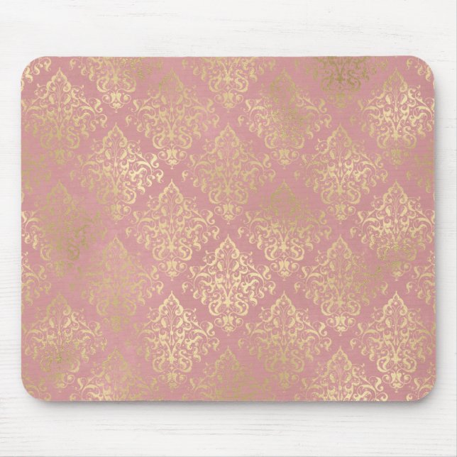 Alfombrilla De Ratón Victoriano de época dorada y rosa Damask (Frente)