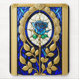 Alfombrilla De Ratón 💙 Vidrio emplomado Rosa Azul Resplandor Arte flor