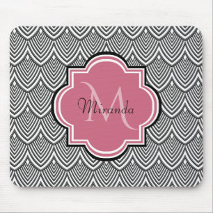 Alfombrilla De Ratón Vieiras negras de moda Monograma rosa Nombre