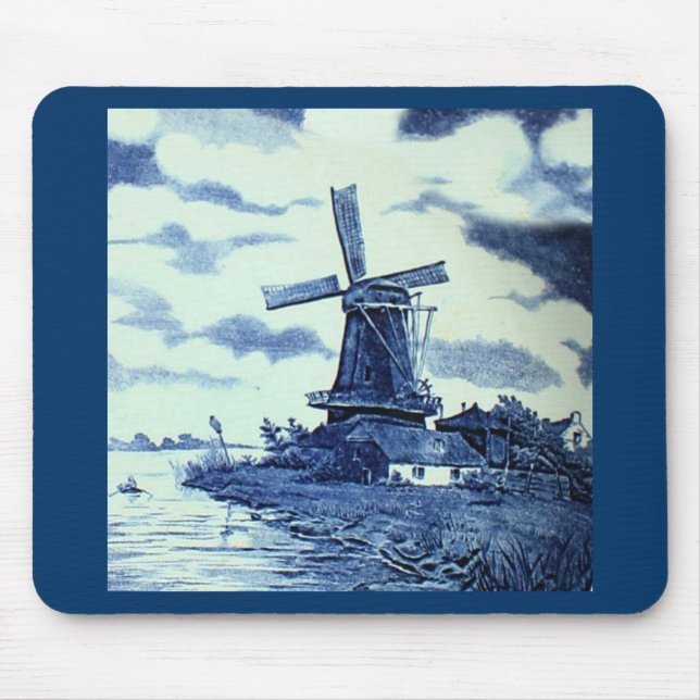 Alfombrilla De Ratón Viejo Antiguo Delft Blue Tile - Molino de viento (Frente)