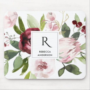 ALFOMBRILLA DE RATÓN VINTAGE BLANCO RUBOR PINK BURGUNDY PROTEA FLORAL