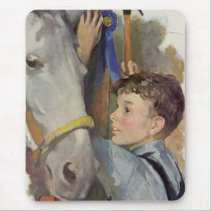 Alfombrilla De Ratón Vintage Boy con su cinta azul ganadora de caballo
