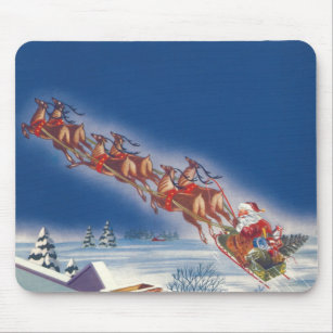 Alfombrilla De Ratón Vintage Christmas, Santa Flying Sleigh w Reindeer