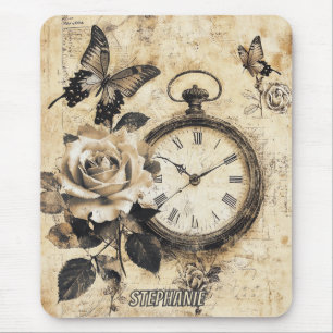 Alfombrilla De Ratón Vintage Compass & Butterfly - Papel rústico (2)