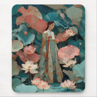 Alfombrilla De Ratón Vintage Impasto Hanbok and Pink Lotus