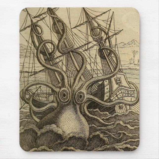 Alfombrilla De Ratón Vintage Kraken Giant Squid Sea Monster Ship (Frente)