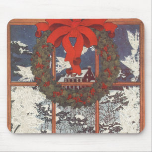 Alfombrilla De Ratón Vintage Navidad Wreath en una ventana con nieve