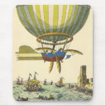 Alfombrilla De Ratón Vintage Science Ficción Steampunk Hot Air Balloon<br><div class="desc">Ilustracion Vintage Ciencia Victoriana Ficción viaje futurista y transporte punk de vapor imagen. Un globo de aire caliente (un dirigible) con alas que sobrevuelan el océano con barcos. Hay un castillo en tierra firme y una multitud de personas está a orillas del mar. Un clásico libro de historietas retro de...</div>