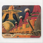Alfombrilla De Ratón Vintage Science Fiction Futuristic City Flying Car<br><div class="desc">Vintage illustration travel and transportation science fiction image featuring a classic comic book retro sci fi urban setting with a city of the future. The architectural buildings are shaped like cones and vehicles are flying in the sky like birds while crowds of people are moving through the metropolis.</div>