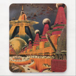 Alfombrilla De Ratón Vintage Science Fiction Futuristic City Flying Car<br><div class="desc">Vintage illustration travel and transportation science fiction image featuring a classic comic book retro sci fi urban setting with a city of the future. The architectural buildings are shaped like cones and vehicles are flying in the sky like birds while crowds of people are moving through the metropolis.</div>