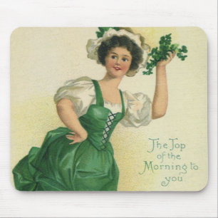 Alfombrilla De Ratón Vintage St. Patrick's Day Irish Lass with Clovers