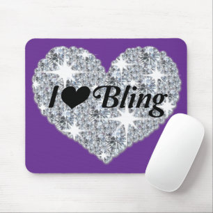 Alfombrilla De Ratón Violet Purple Faux Diamond "I love Bling" Heart