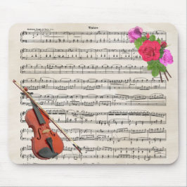 Alfombrilla De Ratón Violín con chapa de época y música y Rosas