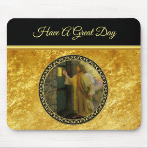 Alfombrilla De Ratón Visita al amanecer Jesús tocando una puerta rústic