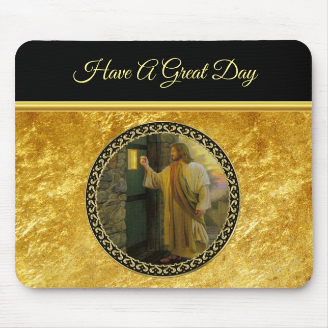 Alfombrilla De Ratón Visita al amanecer Jesús tocando una puerta rústic (Frente)