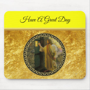Alfombrilla De Ratón Visita al amanecer Jesús tocando una puerta rústic