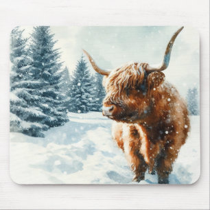 Alfombrilla De Ratón Watercolor Highland Cow Winter Scene