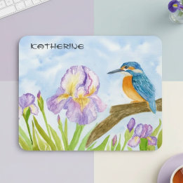 Alfombrilla De Ratón Watercolor Kingfisher with Purple Irises 