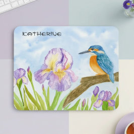 Alfombrilla De Ratón Watercolor Kingfisher with Purple Irises 