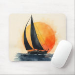 Alfombrilla De Ratón Watercolor Sailboat at Sunset<br><div class="desc">A sailboat glides through tranquil waters under a vibrant sunset,  embodying the serene beauty of the sea in a watercolor painting</div>