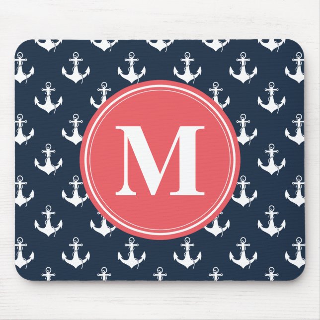 Alfombrilla De Ratón Watermelon Monogrammed Navy Blue Anchor Pattern (Frente)