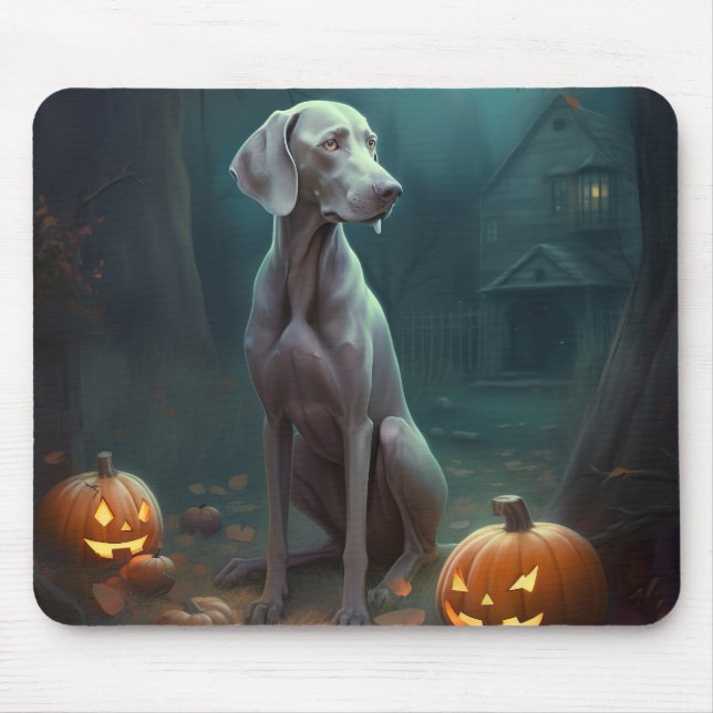 Alfombrilla De Ratón Weimaraner de Halloween con calabazas aterradoras (Frente)