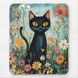 Alfombrilla De Ratón Whimsical Black Cat con Ilustracion de flores silv