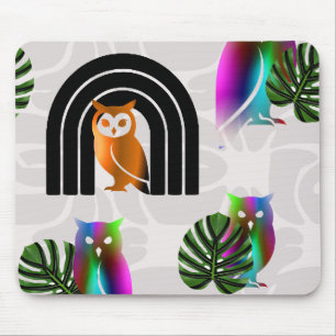 Alfombrilla De Ratón Whimsical Boho Owl & Tropical Monstera Leaf