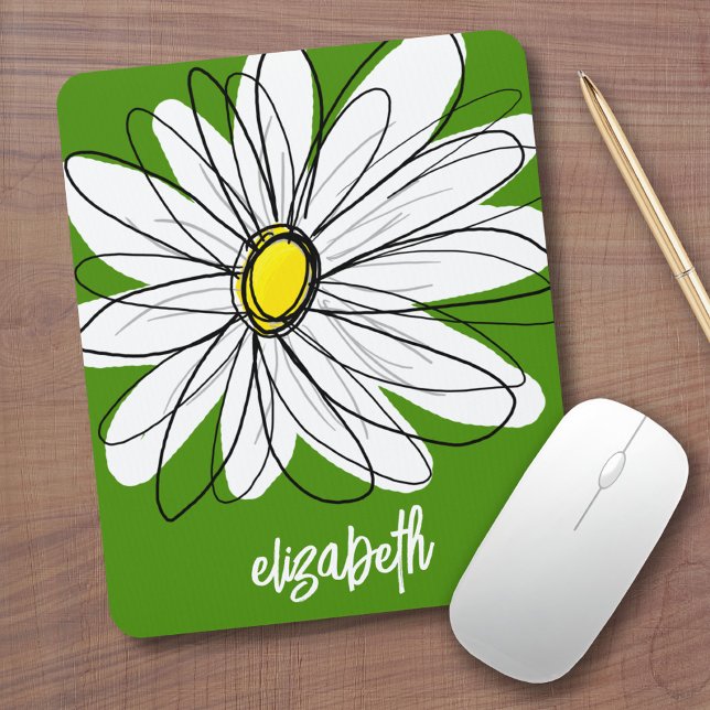 Alfombrilla De Ratón Whimsical Daisy - nombre de guión de moda verde ag (Custom Mouse Pad - Add Name to this whimsical daisy design)
