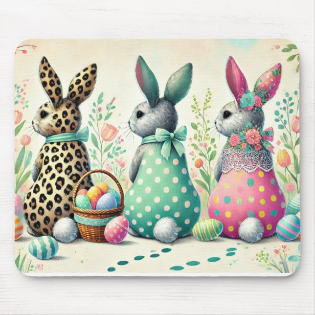 Alfombrilla De Ratón Whimsical Easter Trio Pattered Bunnies Mouse Pad (Frente)