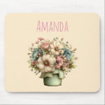 Alfombrilla De Ratón Whimsical Flowers in a Planter Pot Cute<br><div class="desc">Mousepad with a cute image. Blue. pink and cream colored flowers with green leaves. Set inside a green flower pot with a green plaid cloth hanging over the side.</div>