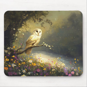 Alfombrilla De Ratón Whimsical Snowy White Owu Wildflowers Art