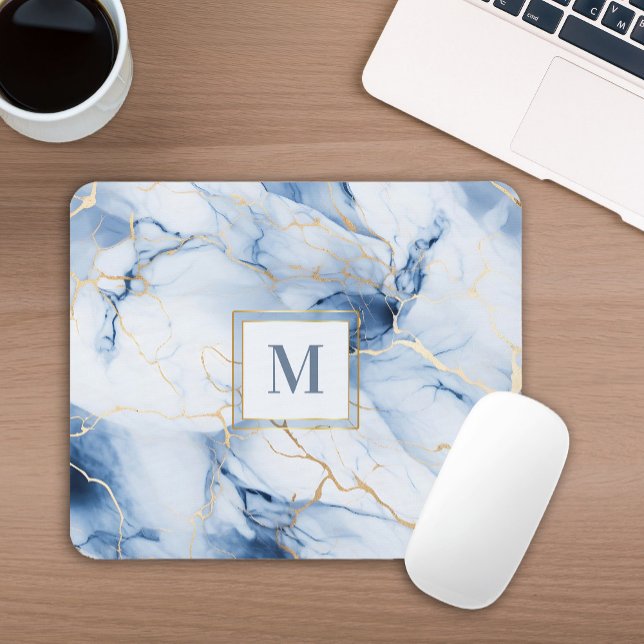 Alfombrilla De Ratón White Blue Gold Marble Monogram Initial Mousepad (Subido por el creador)