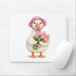 Alfombrilla De Ratón White Goose Holding Pink Tulip Bouquet<br><div class="desc">A charming white goose wearing a pink bonnet and holding a bouquet of pink tulips tied with a pink bow,  all beautifully designed in a watercolor effect on a white background</div>