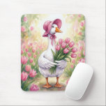 Alfombrilla De Ratón White Goose With Pink Tulips<br><div class="desc">A white goose holds a vibrant bouquet of pink tulips amidst a picturesque spring garden,  brought to life through a stunning watercolor effect</div>