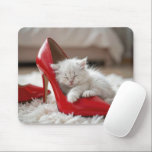 Alfombrilla De Ratón White Kitten Sleeping in a Red Shoe<br><div class="desc">A fluffy white kitten is cozily curled up inside a bright red high-heeled shoe,  surrounded by a softly blurred background that highlights the playful atmosphere</div>