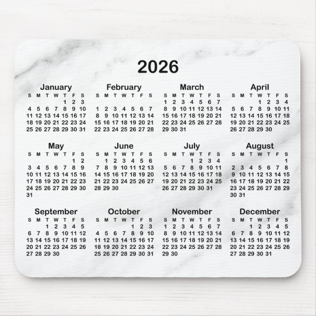 Alfombrilla De Ratón White Marble Black 2026 Calendar (Frente)