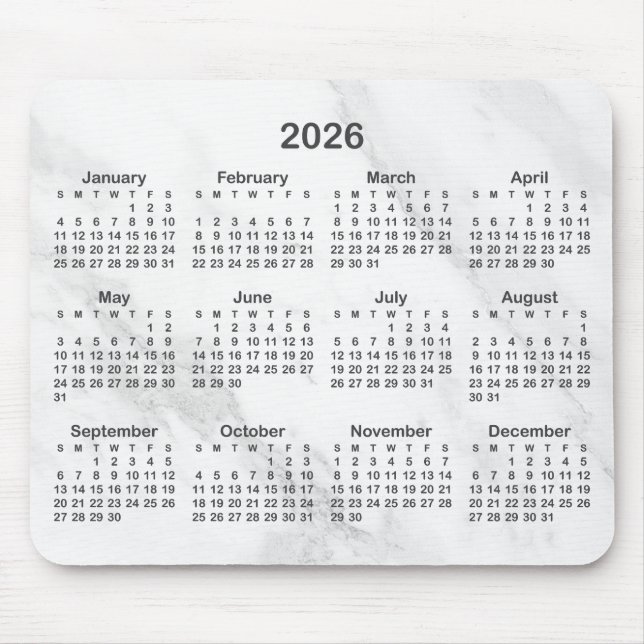 Alfombrilla De Ratón White Marble Dark Grey 2026 Calendar (Frente)