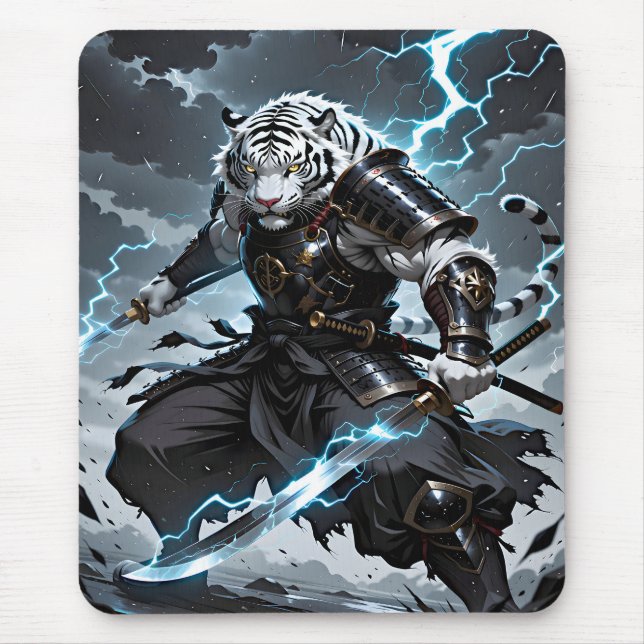 Alfombrilla De Ratón White Tiger Samurai Warrior Blue Lightning Gaming (Frente)