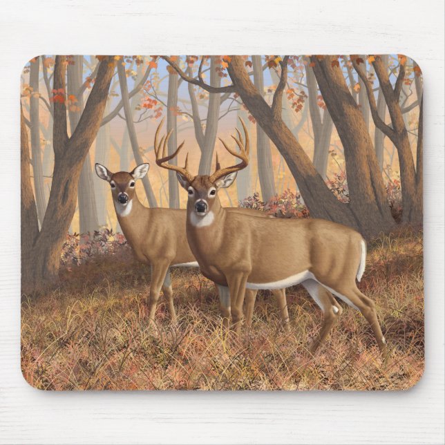 Alfombrilla De Ratón Whitetail Deer Buck & Doe Otumn Maple Woods (Frente)