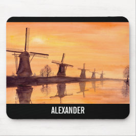 Alfombrilla De Ratón Windmills Sunset Holland Watercolor Painting