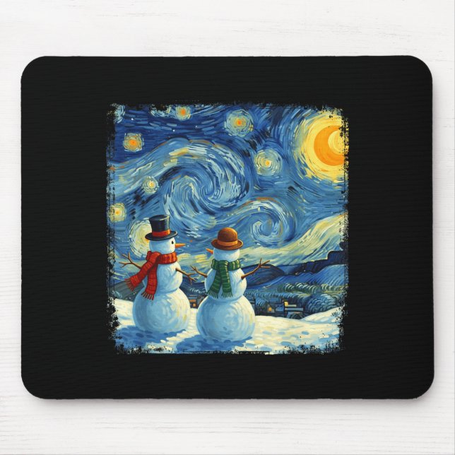 Alfombrilla De Ratón Winter Snowman Van Gogh Starry Night Christmas  (Frente)