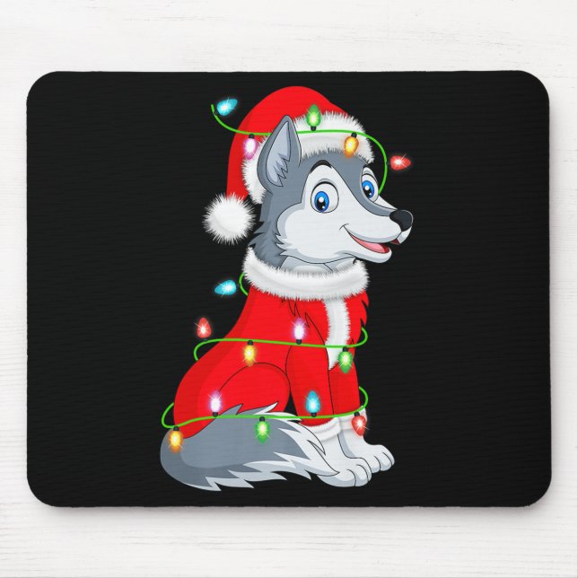 Alfombrilla De Ratón Wolf Christmas Lights Santa Costume Cute Animal Xm (Frente)
