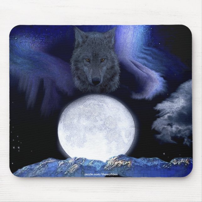 Alfombrilla De Ratón Wolf, Moon & Mountains Wildlife Fantasy Art (Frente)