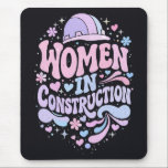 Alfombrilla De Ratón Women In Construction Retro Empowerment<br><div class="desc">Bold retro lettering with colorful helmet,  hearts and floral accents celebrating women in construction. A vibrant empowerment statement for female builders,  tradeswomen and strong women in skilled trades.</div>