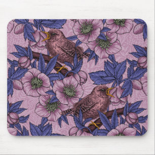 Alfombrilla De Ratón Wren y hellebore, rosa y violeta
