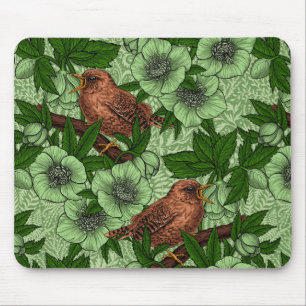 Alfombrilla De Ratón Wren y hellebore, verde claro