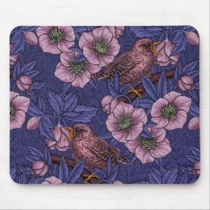 Alfombrilla De Ratón Wren y hellebore, violeta y rosa